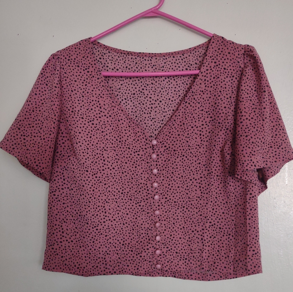 Women's Pink Polkadot Cropped V-neck Blouse Shirt Size M